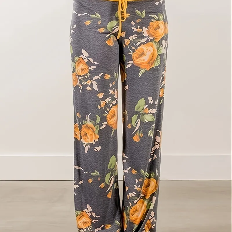 Plus Size Floral Print High Rise Drawstring Long Pants for Women, Offering Slight Stretch and Casual Comfort