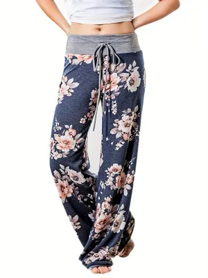 Plus Size Floral Print High Rise Drawstring Long Pants for Women, Offering Slight Stretch and Casual Comfort