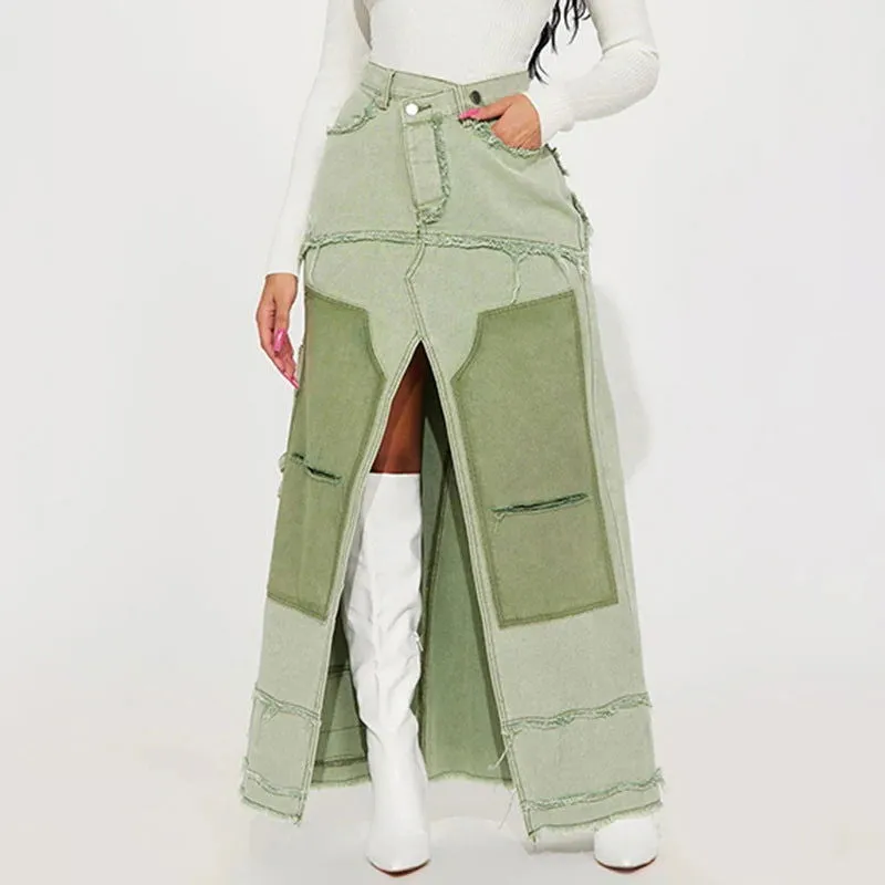 Ripped Patchwork Stitch High Slit High Waist Denim Skirts