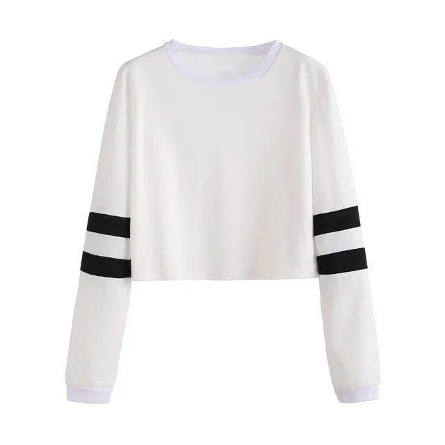 ROMWE T shirt Women 2016 Clothing Casual Ladies Autumn Tees Round Neck Varsity Striped Long Sleeve Crop T-shirt