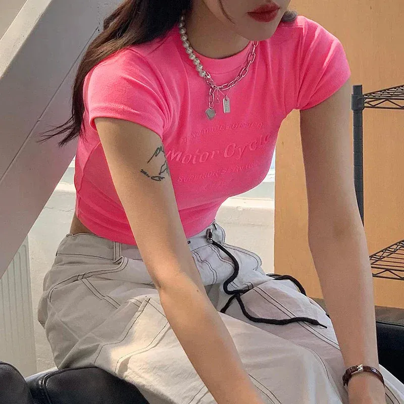 Sexy Pink Short Sleeve Streetwear O-Neck Casual Crop Summer Top