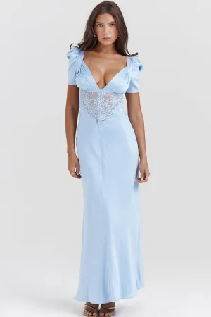 Silky Satin Pleated Deep V Puff Sleeve Lace Panel Fishtail Evening Maxi Dress - Blue