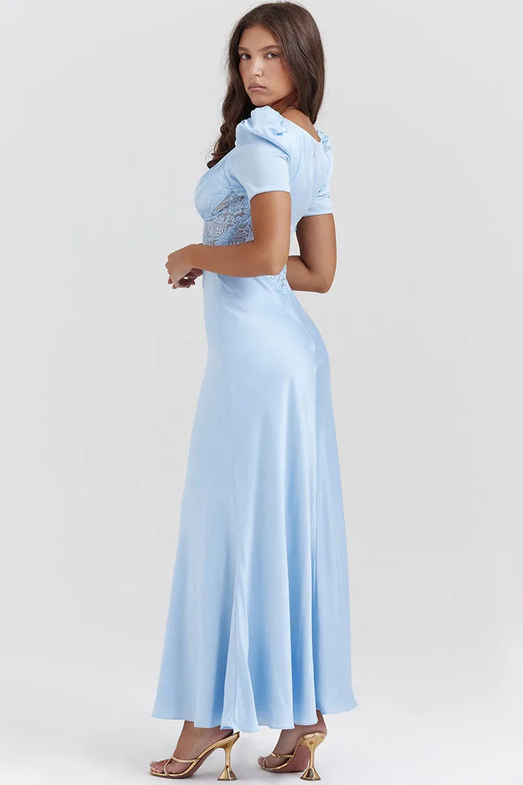 Silky Satin Pleated Deep V Puff Sleeve Lace Panel Fishtail Evening Maxi Dress - Blue