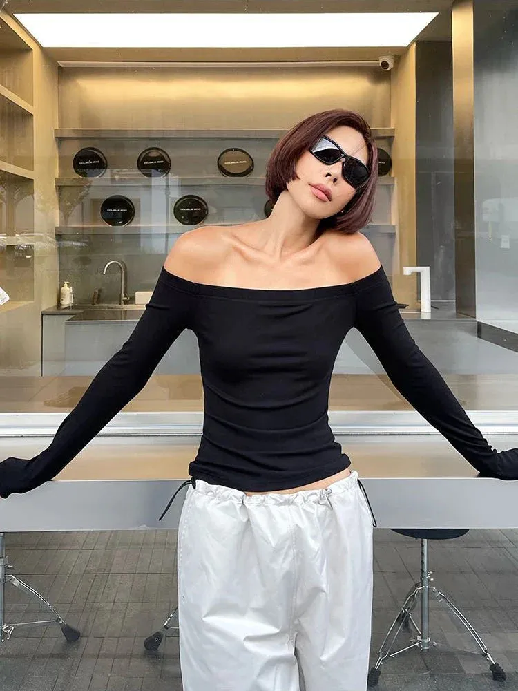 Solid Slash Neck Long Sleeve Korean Fashion Slim Sexy Off Shoulder Crop Black Top