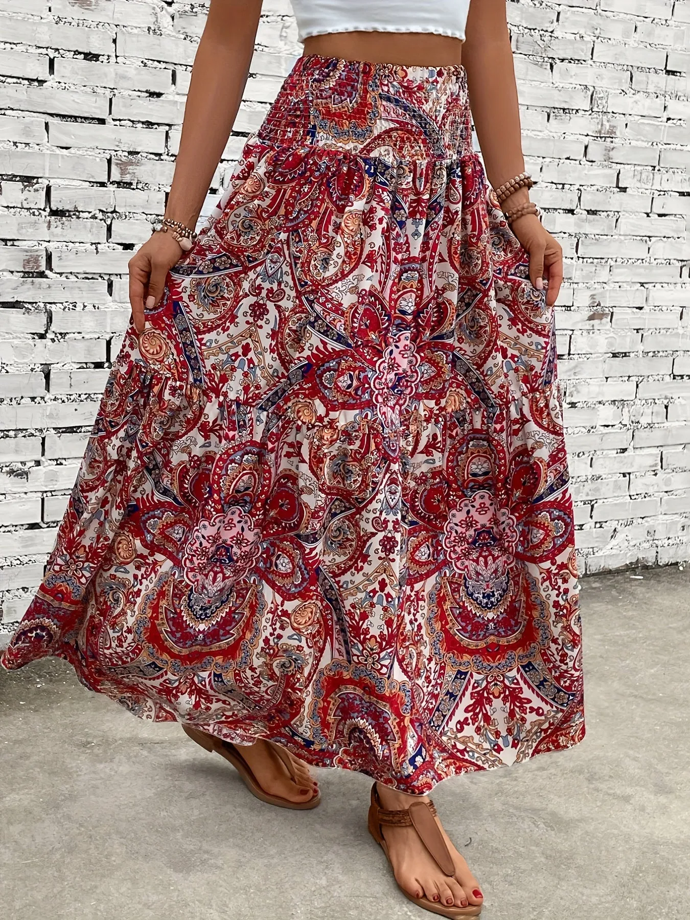 Summerready Paisley Print Shirred Waist Skirt for Women