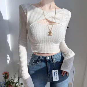 Twisted Hollow Long Sleeved Fashion Casual Slim Crop Knitted Top