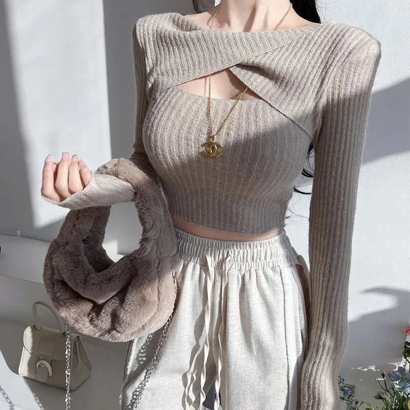 Twisted Hollow Long Sleeved Fashion Casual Slim Crop Knitted Top