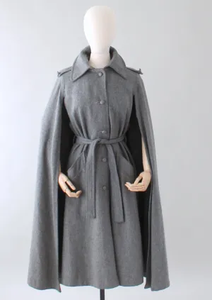 Vintage 1970s Grey Wool Belted Coat Cape