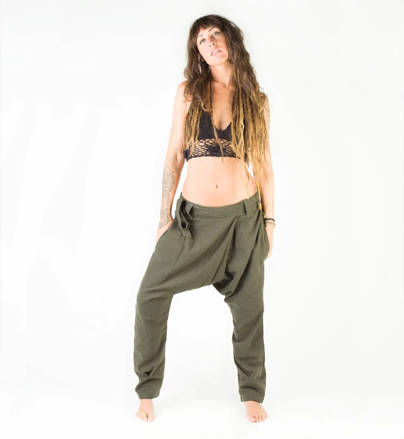 Womens Pants Green Afghani Harem Drop Crotch, Primitive Handmade Comfortable Yoga Gypsy Boho Alibaba Aladdin Festival Goa two Pockets AJJAYA